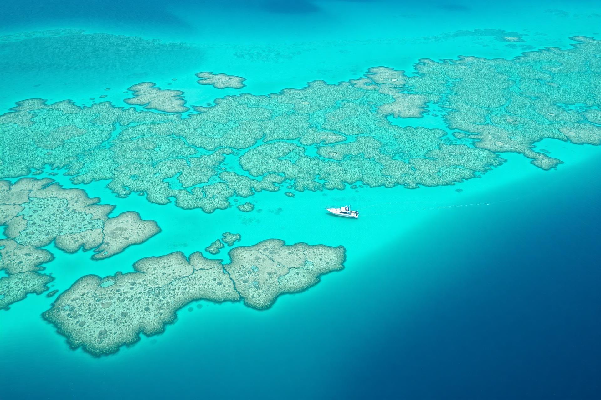 Aerial view of Belize Barrier Reef with turquoise water